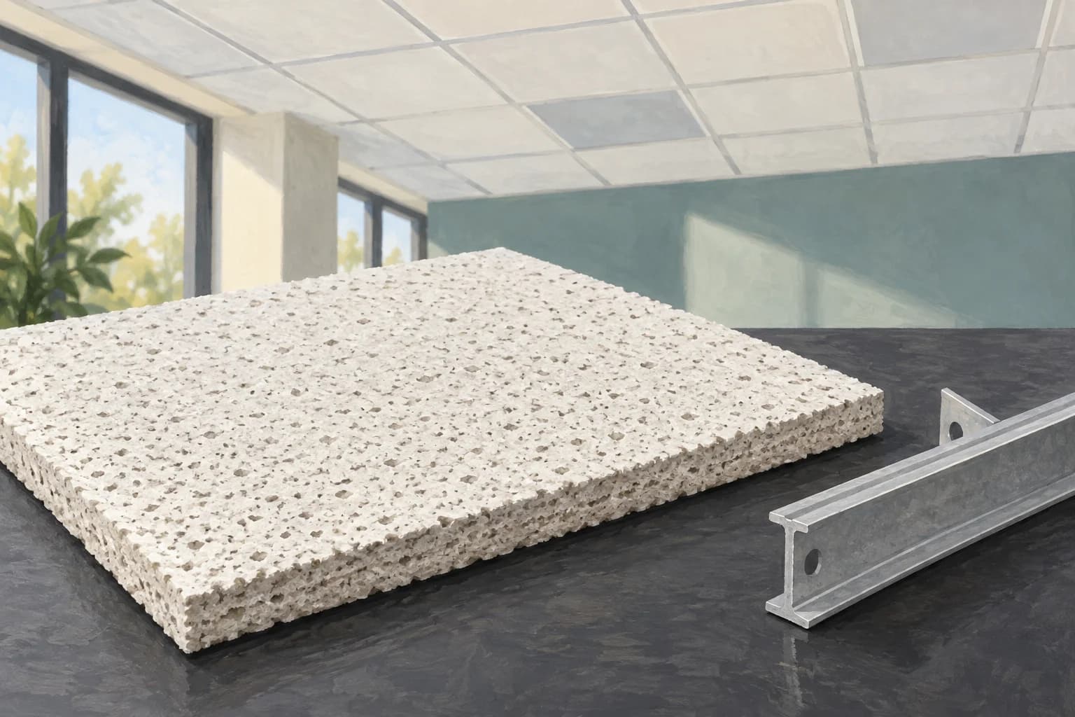 Illustration of a porous ceiling-panel sample and silver grid section on a charcoal table beneath an office ceiling