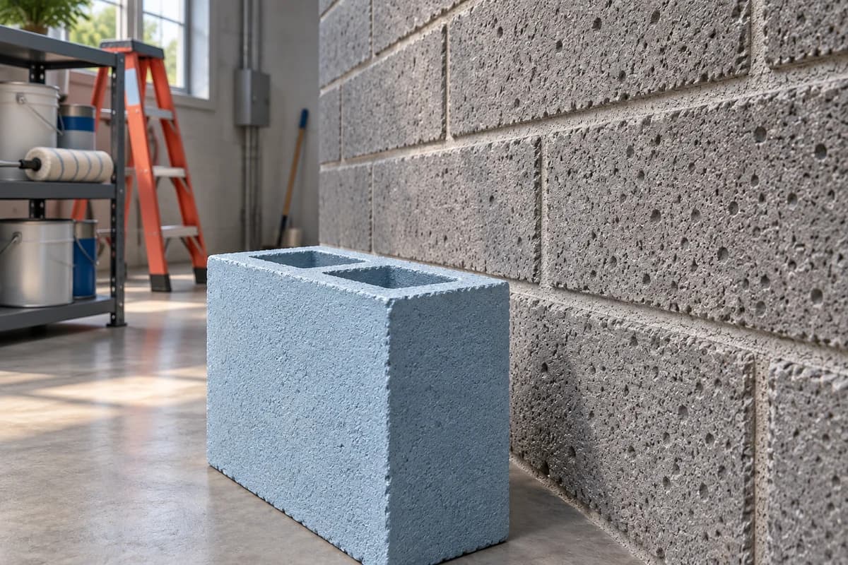 Illustration of a rough concrete-block wall beside a separate pale-blue coated block sample in a service room