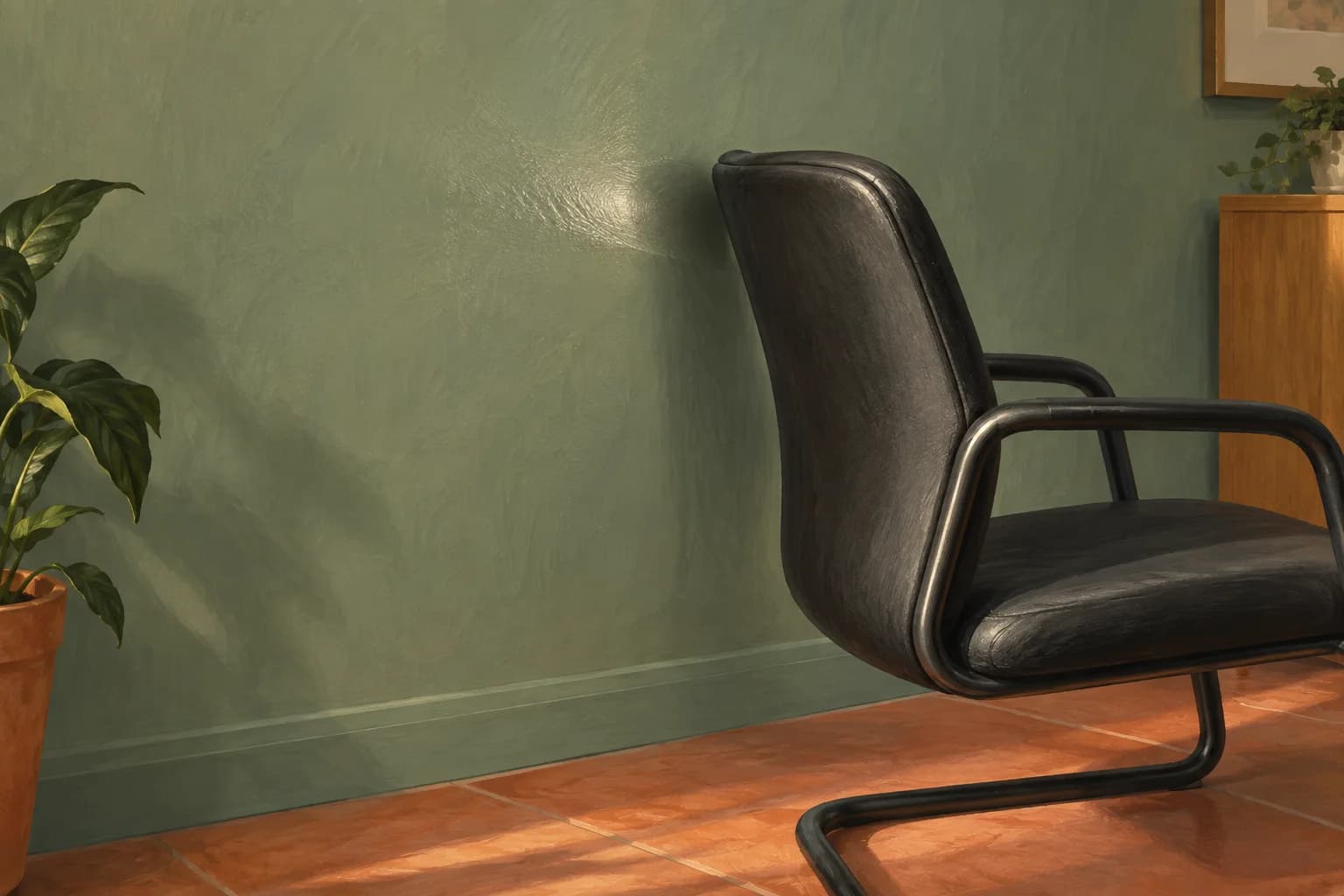 Illustration of a shiny rubbed patch on a sage wall at the height of a black visitor chair back