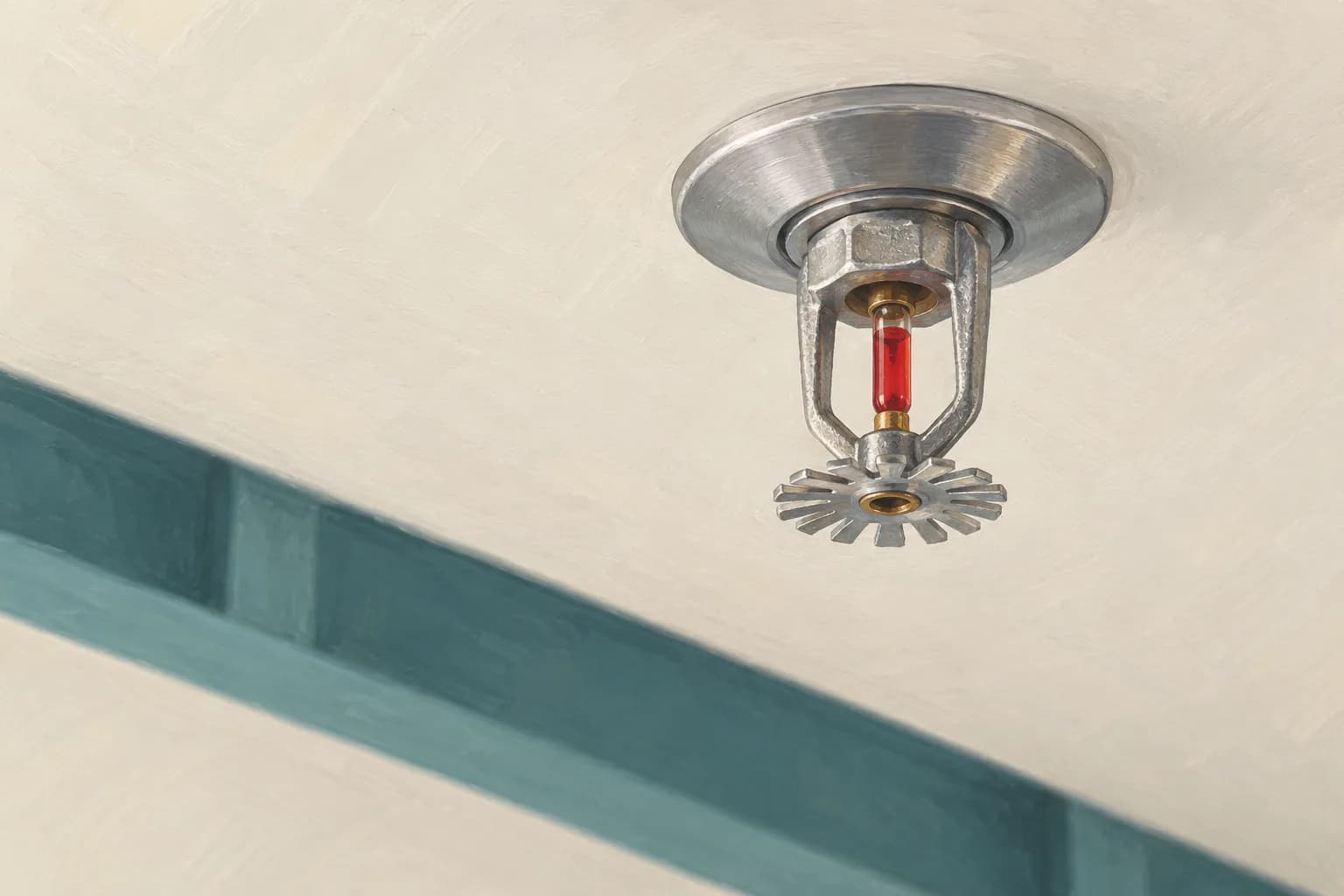 Conceptual upward view of an untouched silver sprinkler with a red bulb below an ivory ceiling and a diagonal teal beam