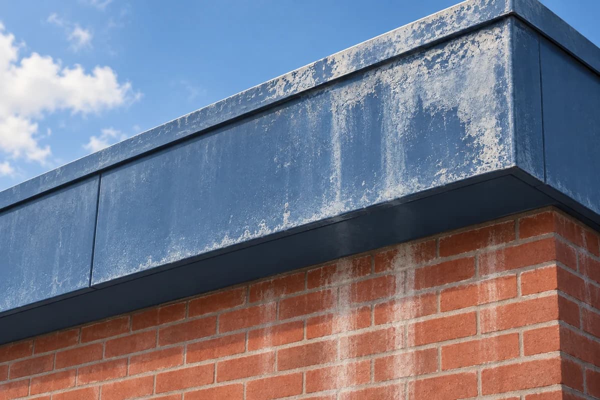 Illustrated faded blue commercial fascia with pale powdery weathering and streaks on adjacent brick