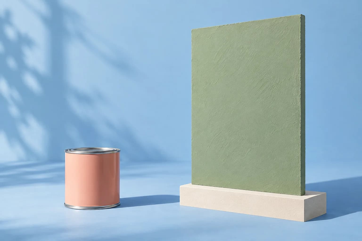 Conceptual illustration of a closed coral paint tin beside a sage painted panel