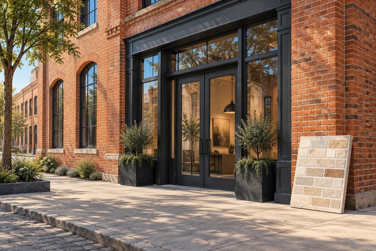 Illustration of an uncoated red-brick commercial facade with a separate pale masonry sample board near the entrance