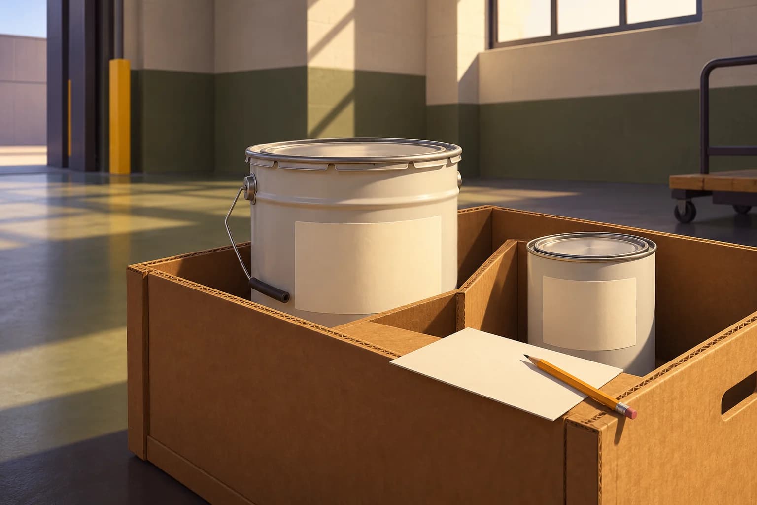 Conceptual illustration of two sealed coating containers in a divided cardboard crate beside a blank receiving card