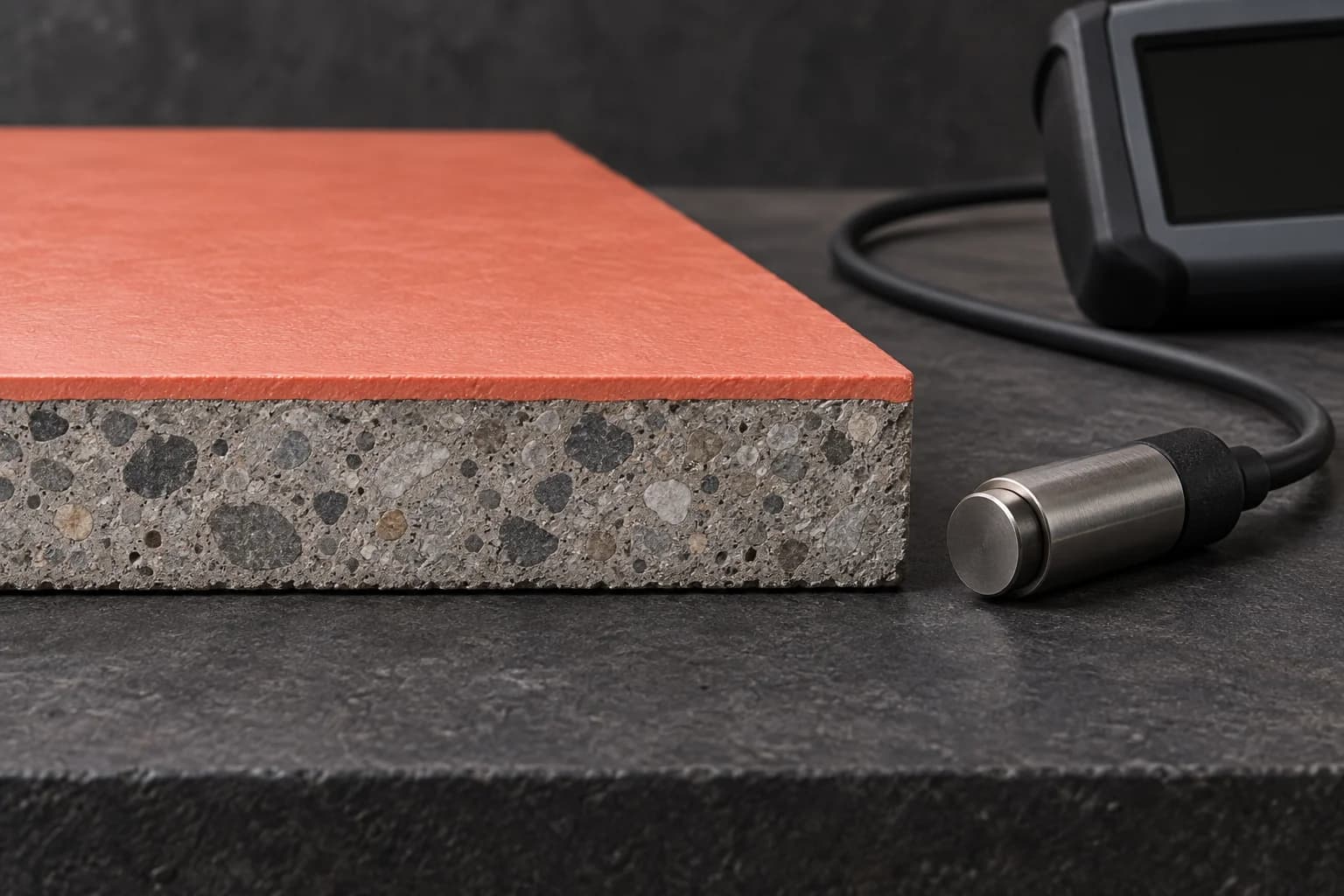 Conceptual illustration of a cutaway coated concrete tile beside a resting inspection probe and a dark unmarked instrument screen