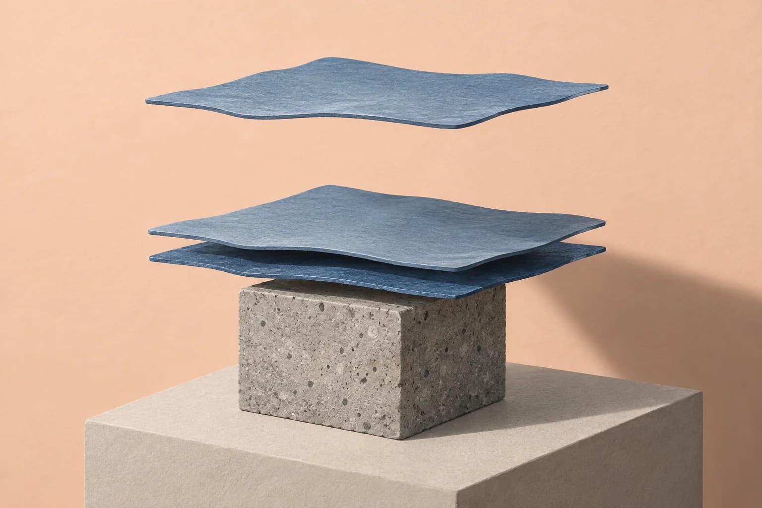 Conceptual illustration of separated slate-blue layers above a concrete block, representing an interrupted coating sequence