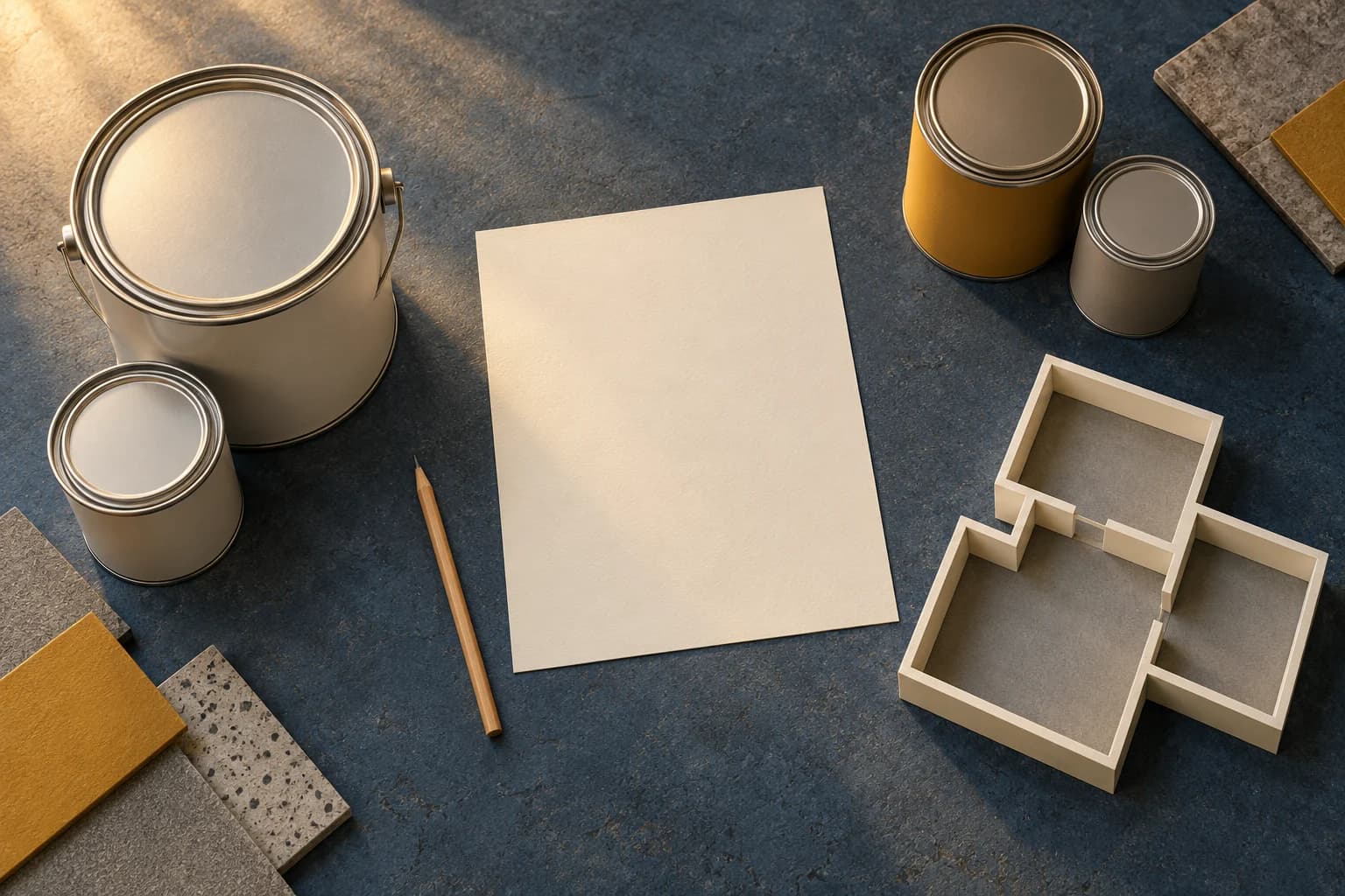 Conceptual overhead illustration of paired closed coating containers, a blank batch record and a segmented commercial floor plan on a slate workbench