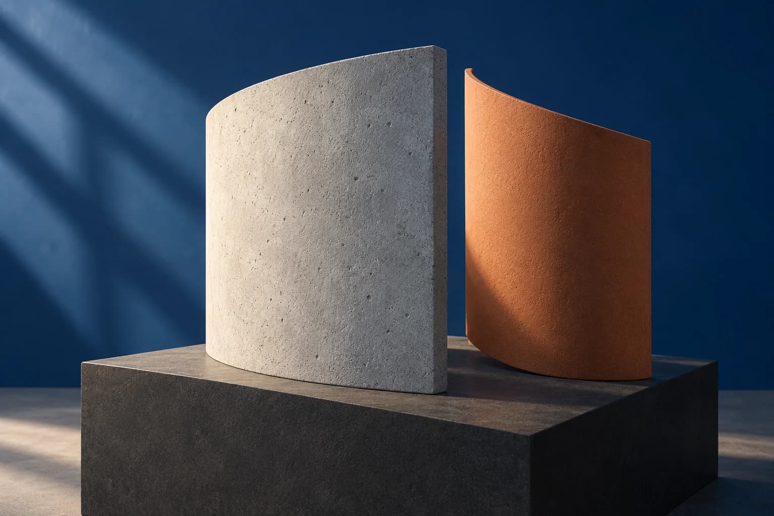 Conceptual illustration of curved pale concrete and terracotta facade models standing separately on a charcoal plinth against a blue background