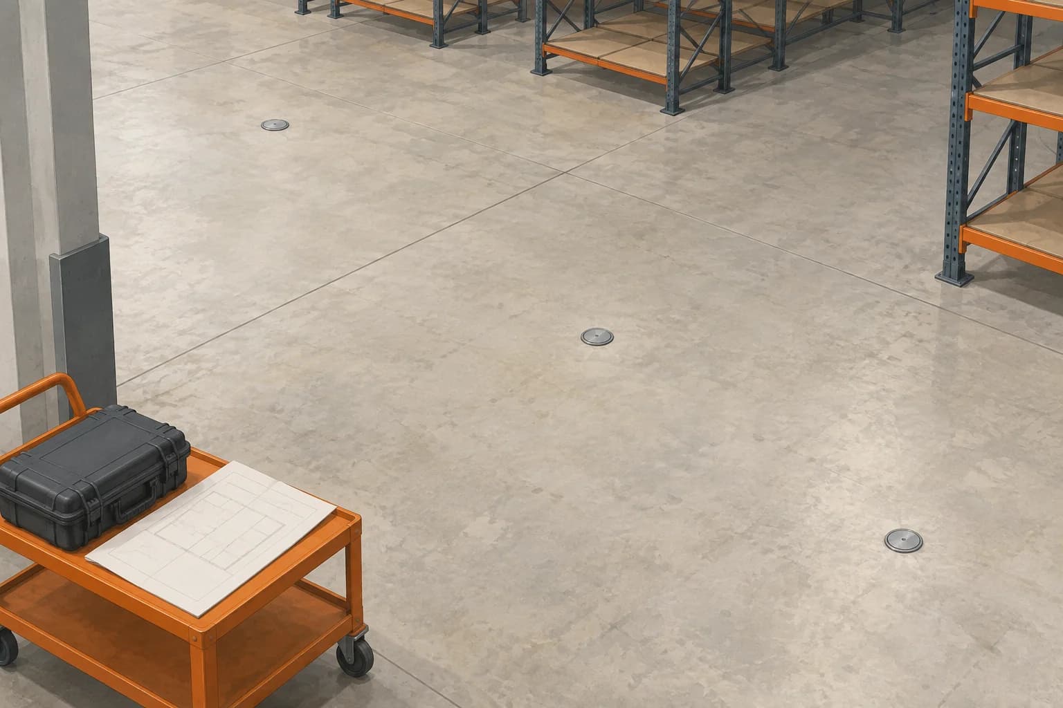 Illustration of an uncoated warehouse floor with conceptual test-port caps and a closed instrument case on an orange utility cart