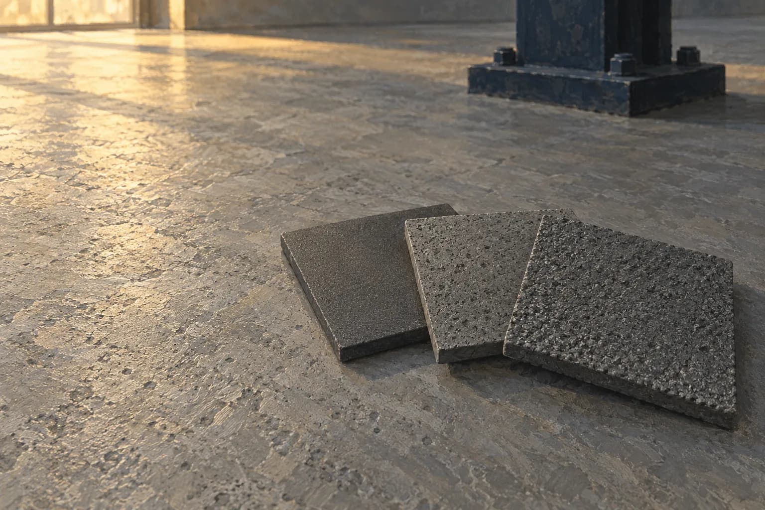 Conceptual illustration of three unlettered roughness comparison tiles on a raw concrete floor beside a dark industrial column base