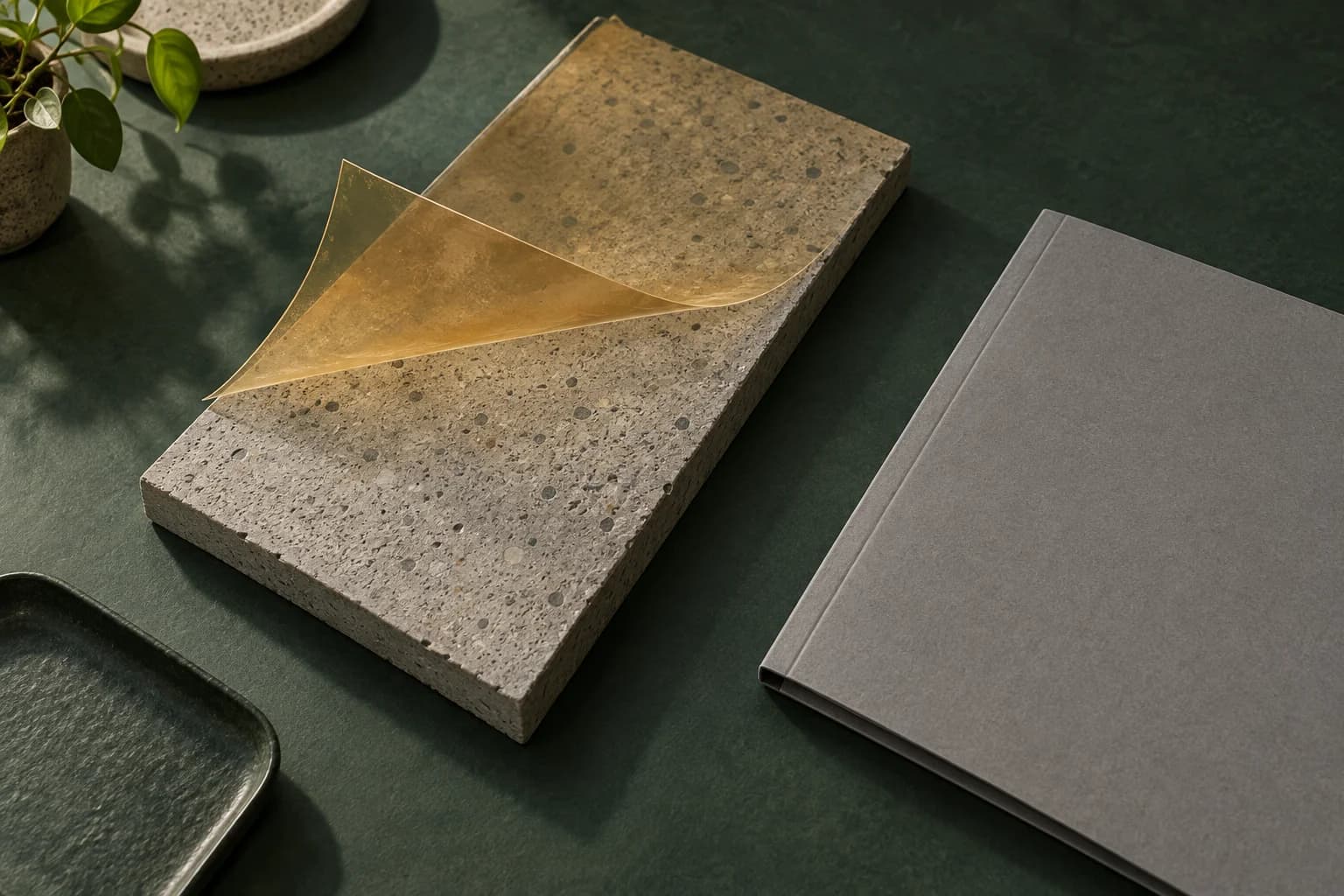 Conceptual illustration of an amber surface-treatment film above a concrete specimen beside a blank document folder