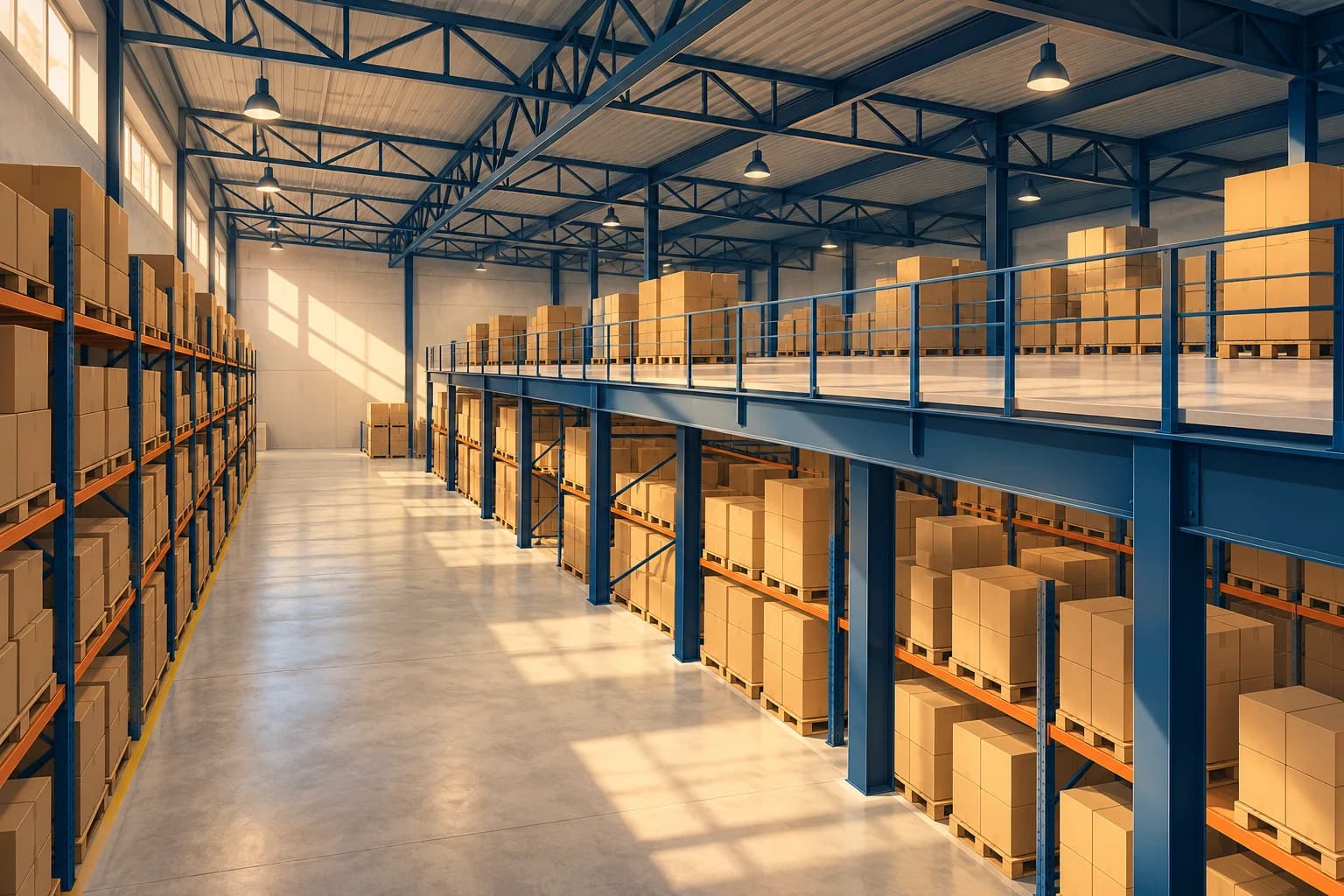 Illustrative warehouse interior with a high steel ceiling over an open aisle, stocked racks and a raised mezzanine