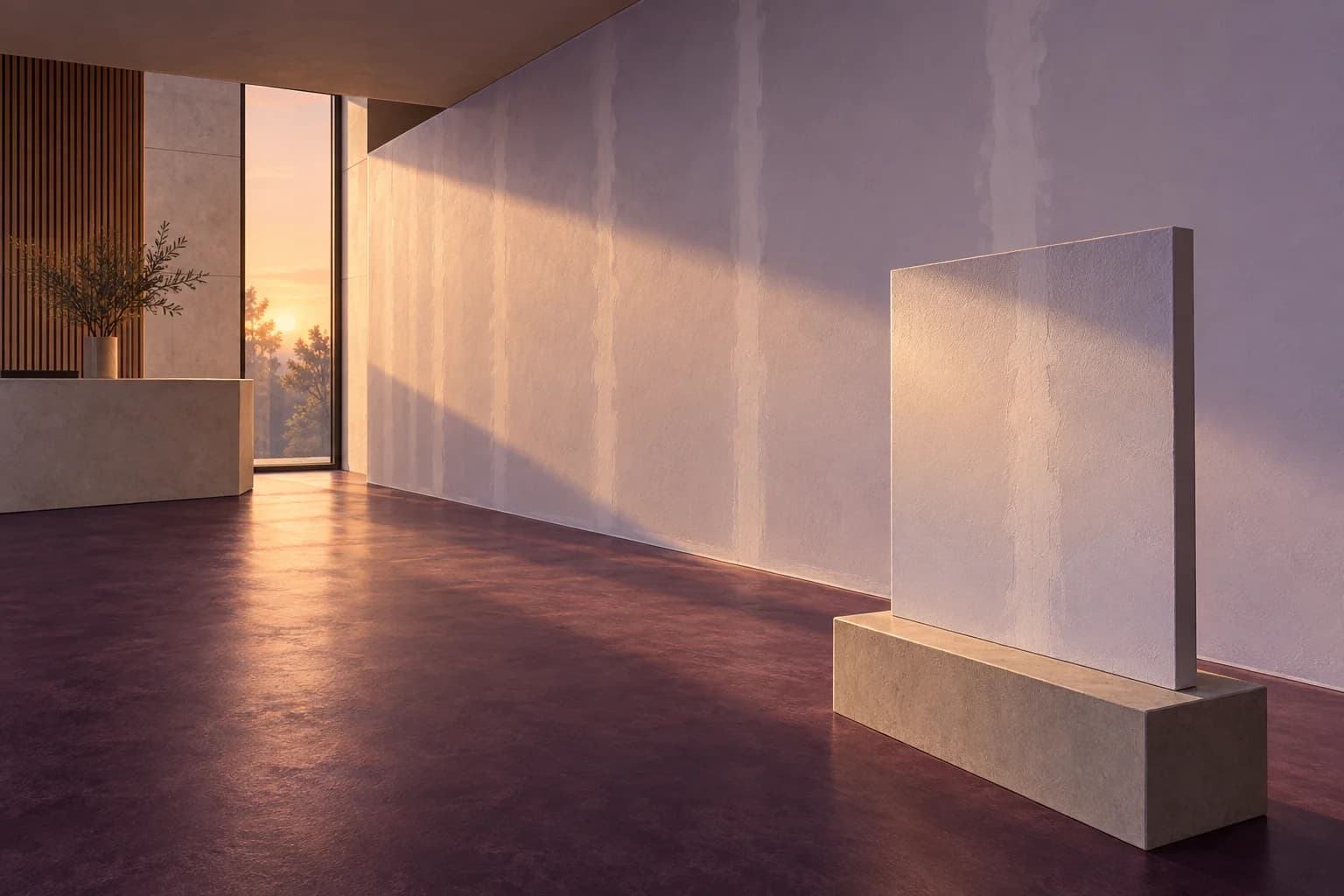 Illustration of a lavender reception wall and freestanding finish mock-up under warm raking window light