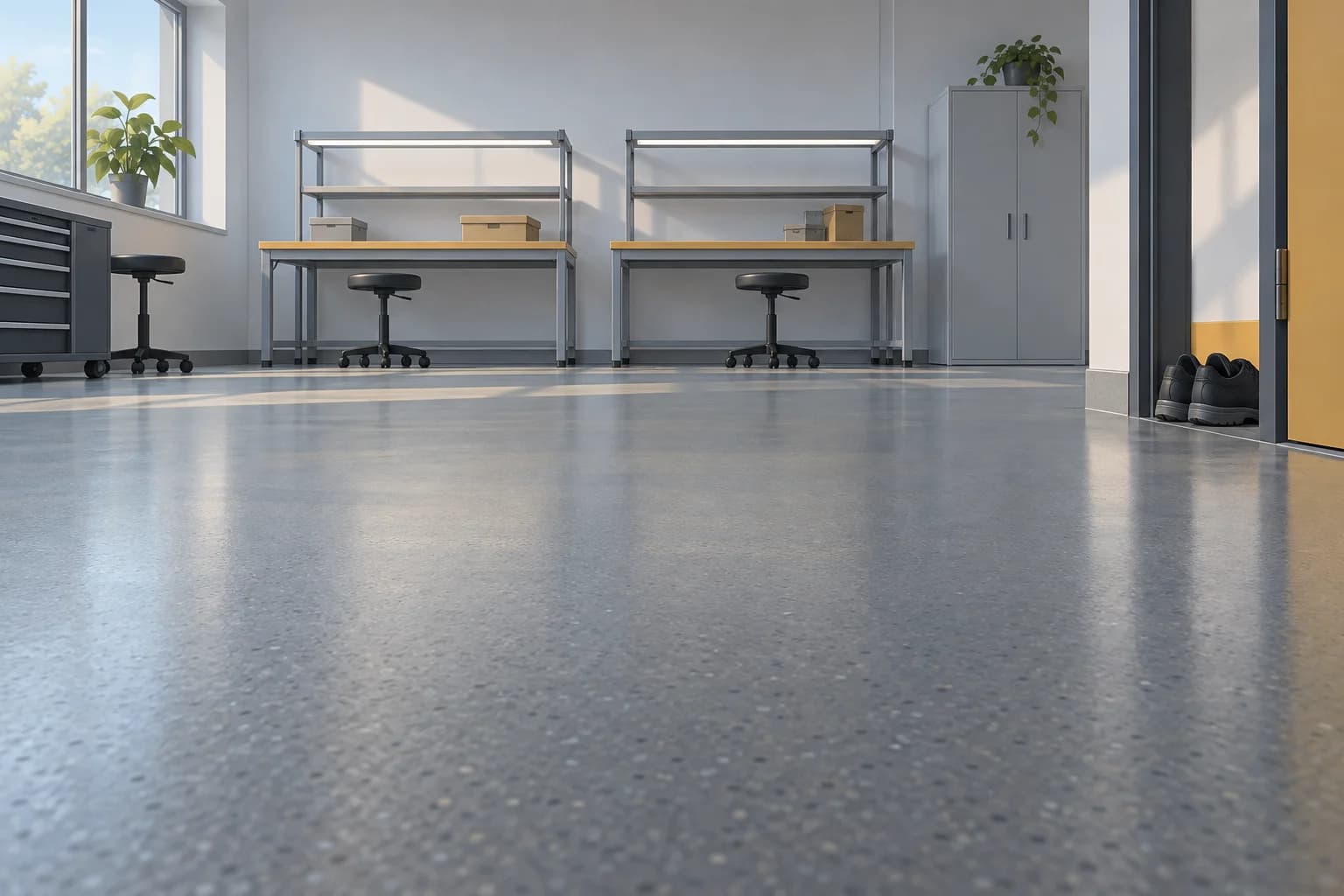 Conceptual illustration of an empty electronics workspace with a broad floor and a pair of plain shoes beside the doorway