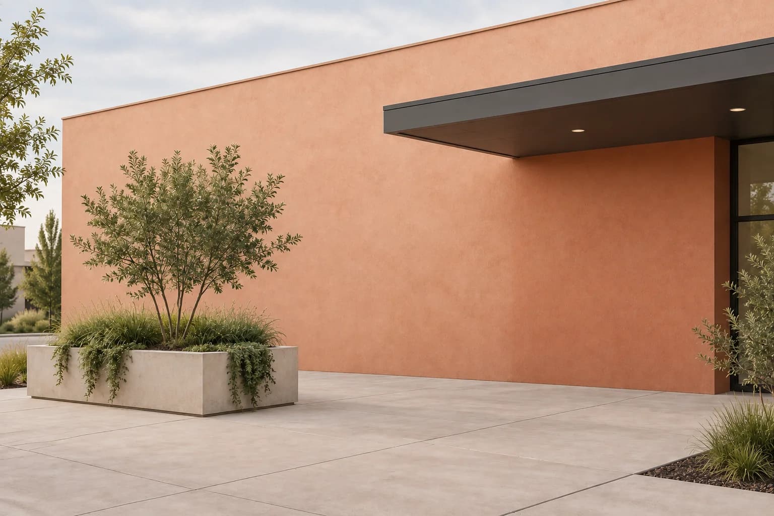 Illustration of a terracotta commercial courtyard wall with lighter exposed colour and deeper colour beneath a canopy