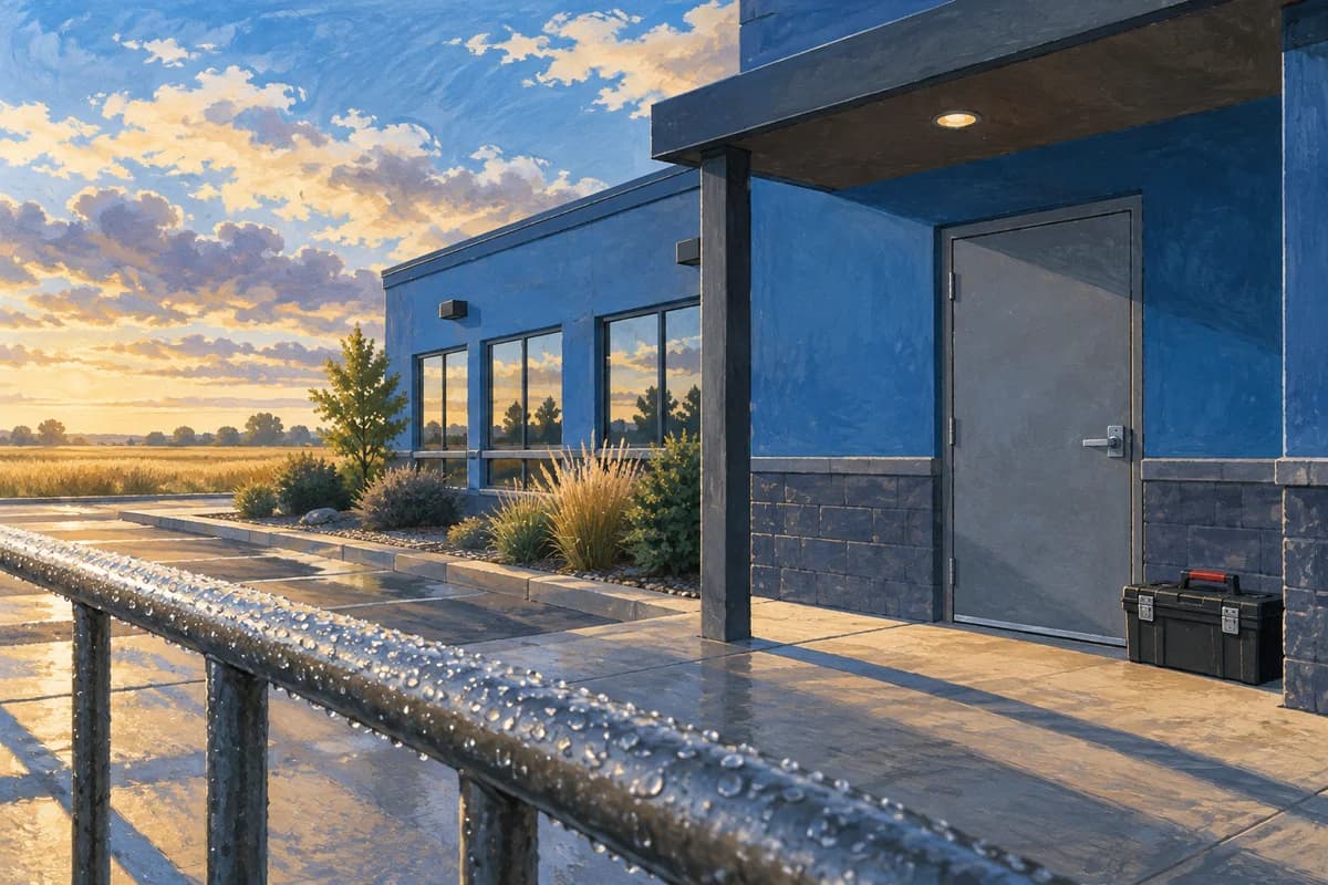 Gouache illustration of a commercial exterior at dawn with dew on a foreground rail and closed equipment case