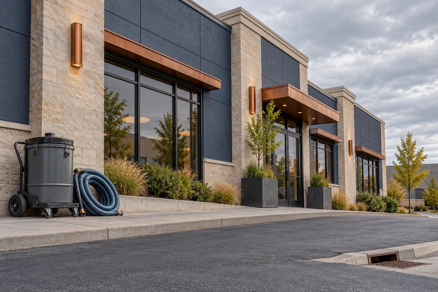 Conceptual illustration of a commercial facade and sloped paved forecourt, with closed collection equipment beside a separate curb inlet