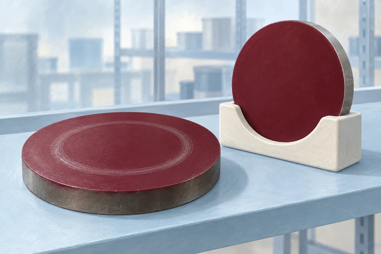 Conceptual illustration of a burgundy coated test disc with a circular wear track beside a separate unworn disc on a pale laboratory shelf