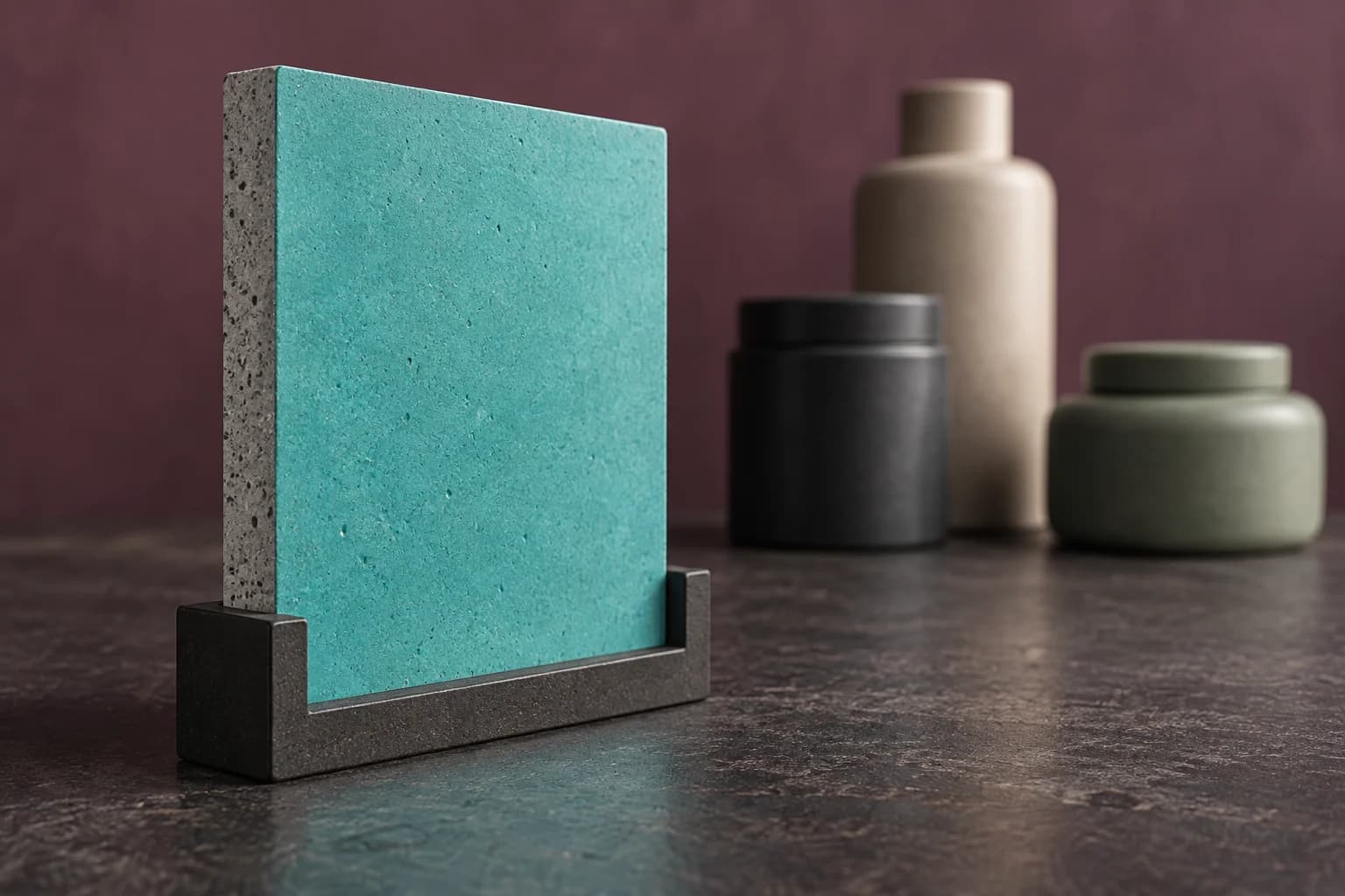 Conceptual illustration of an upright turquoise coated concrete sample with sealed containers in the background