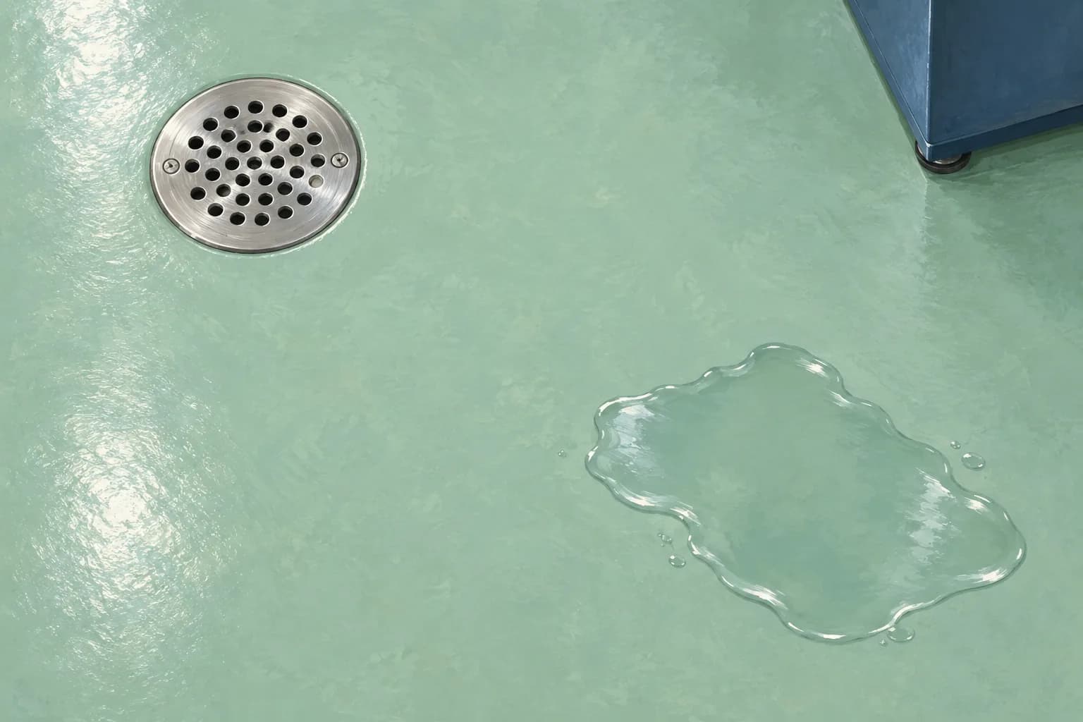 Conceptual overhead illustration of a round stainless floor drain and a separate shallow puddle on a seafoam-green commercial floor beside a navy equipment base