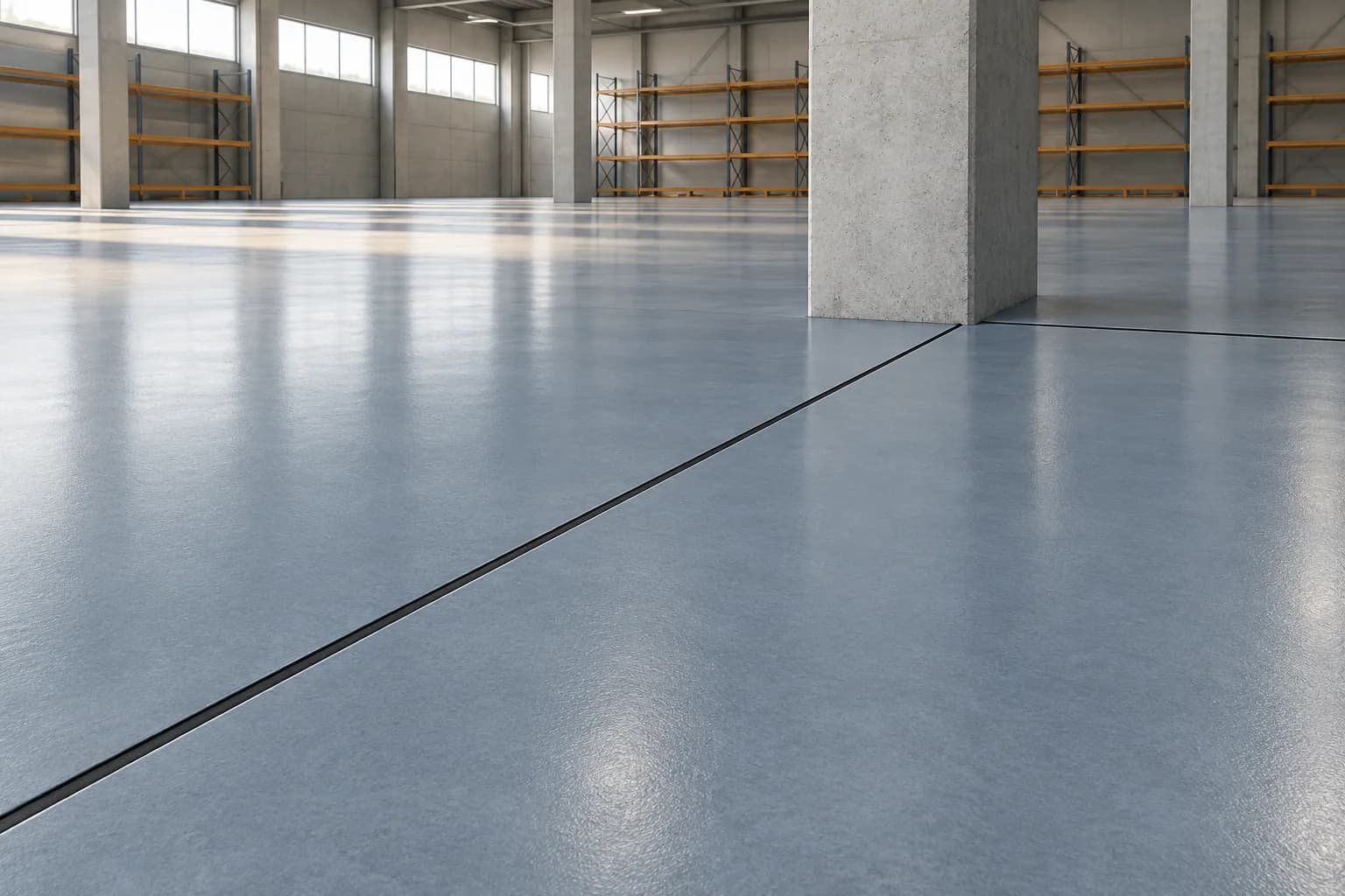 Conceptual illustration of intersecting charcoal joints in a blue-grey warehouse floor beside a concrete column and distant ochre shelving