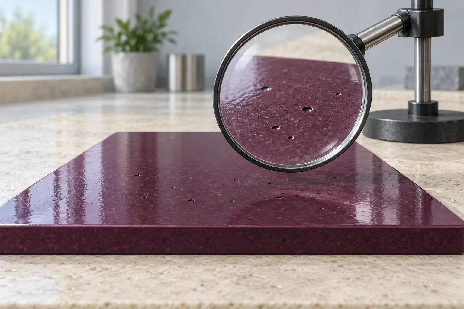 Conceptual illustration of small pits in a plum floor sample beneath a supported magnifying glass