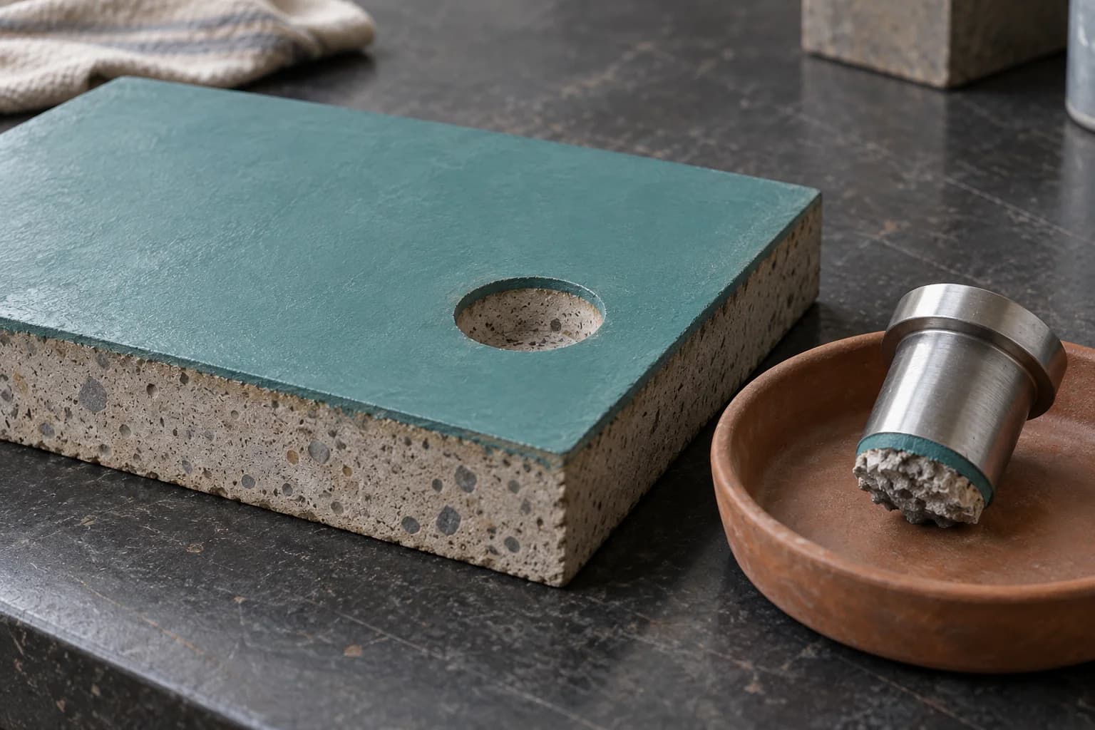Conceptual illustration of a coated concrete specimen with a circular test opening beside a detached test fixture in a shallow tray