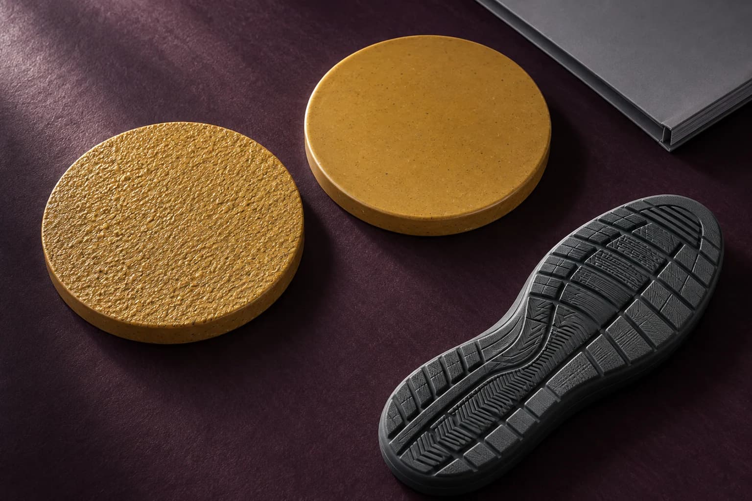 Conceptual overhead illustration of contrasting ochre floor samples beside a rubber shoe sole