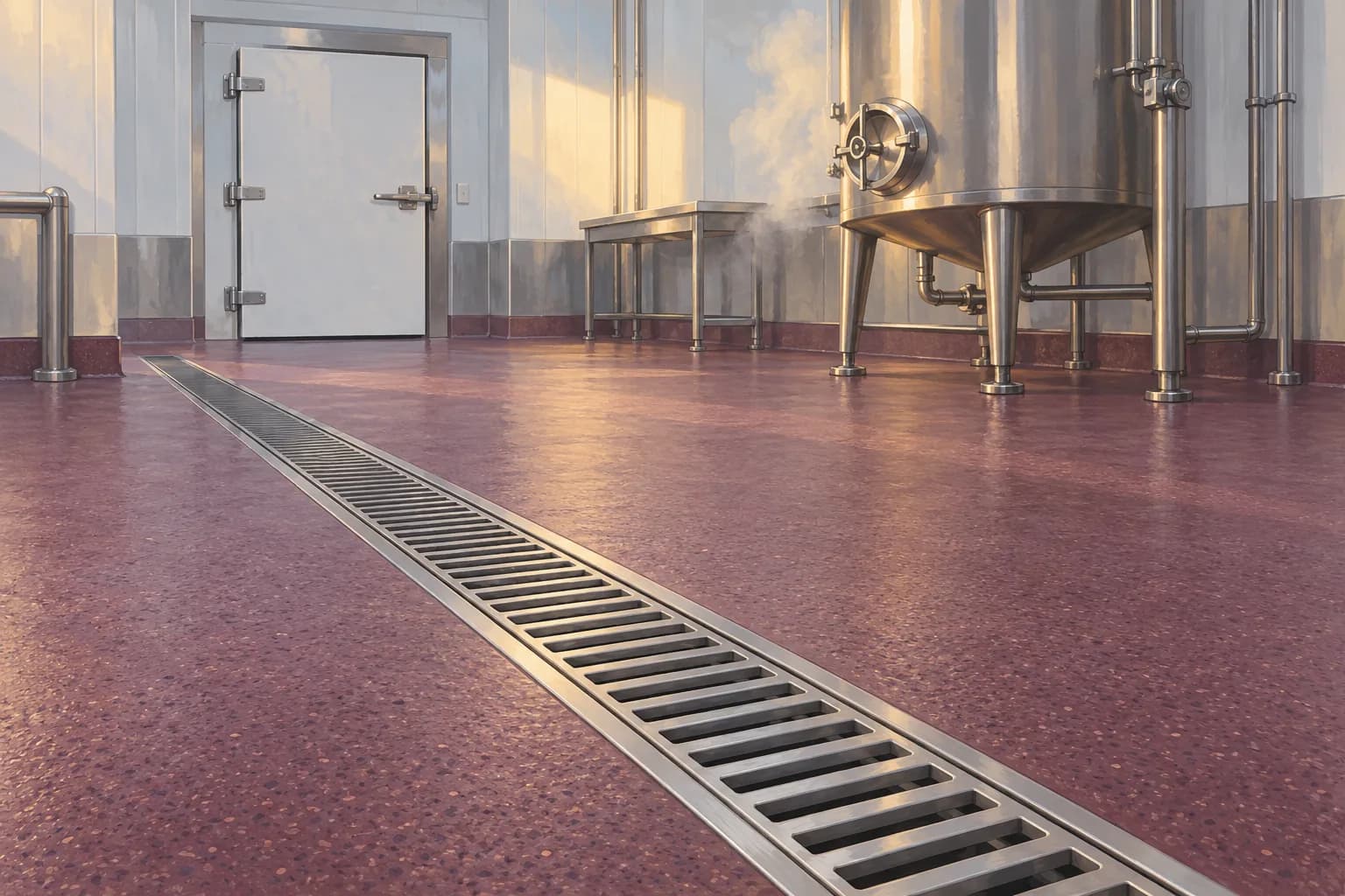 Conceptual illustration of a plum commercial process-room floor with a diagonal trench drain, insulated door and stainless vessel