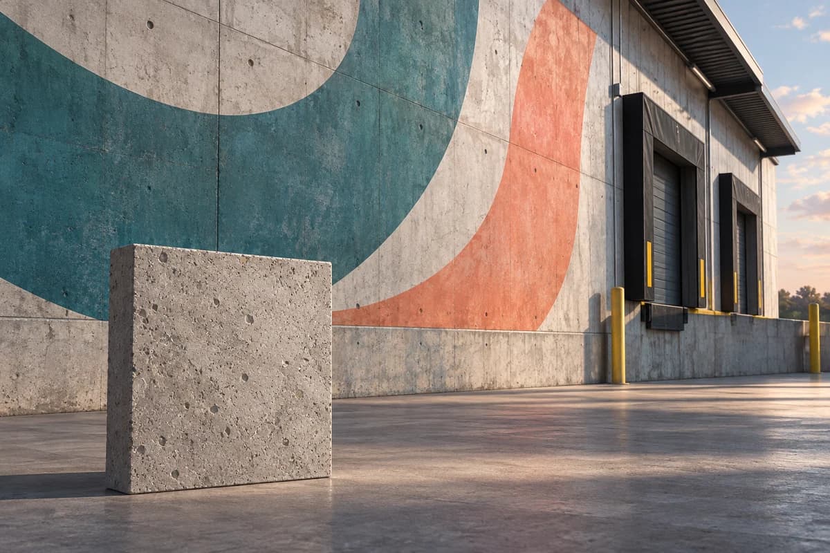 Illustrated commercial concrete wall with an abstract coloured mark and separate textured protective-coating sample