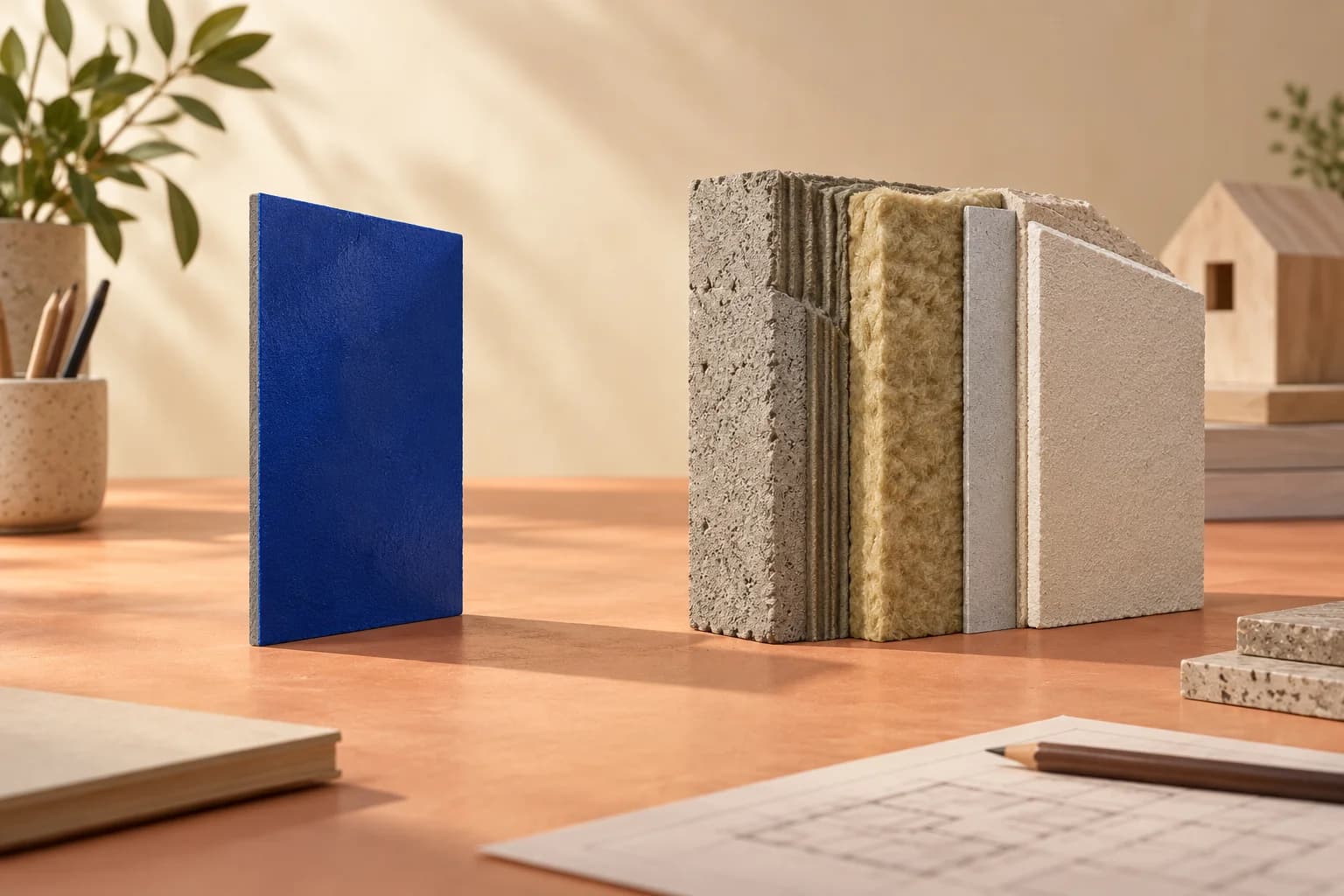 Conceptual illustration of a thin blue coating sample beside a deep layered wall model on an apricot architectural workbench