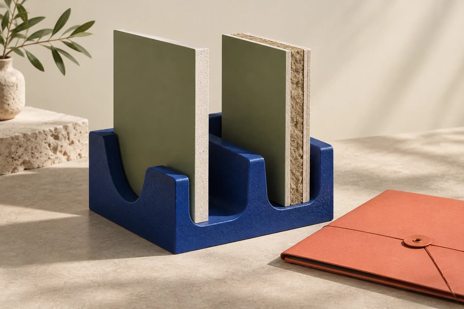 Conceptual illustration of two differently constructed wall samples held upright in a cobalt display rack beside a closed coral document sleeve