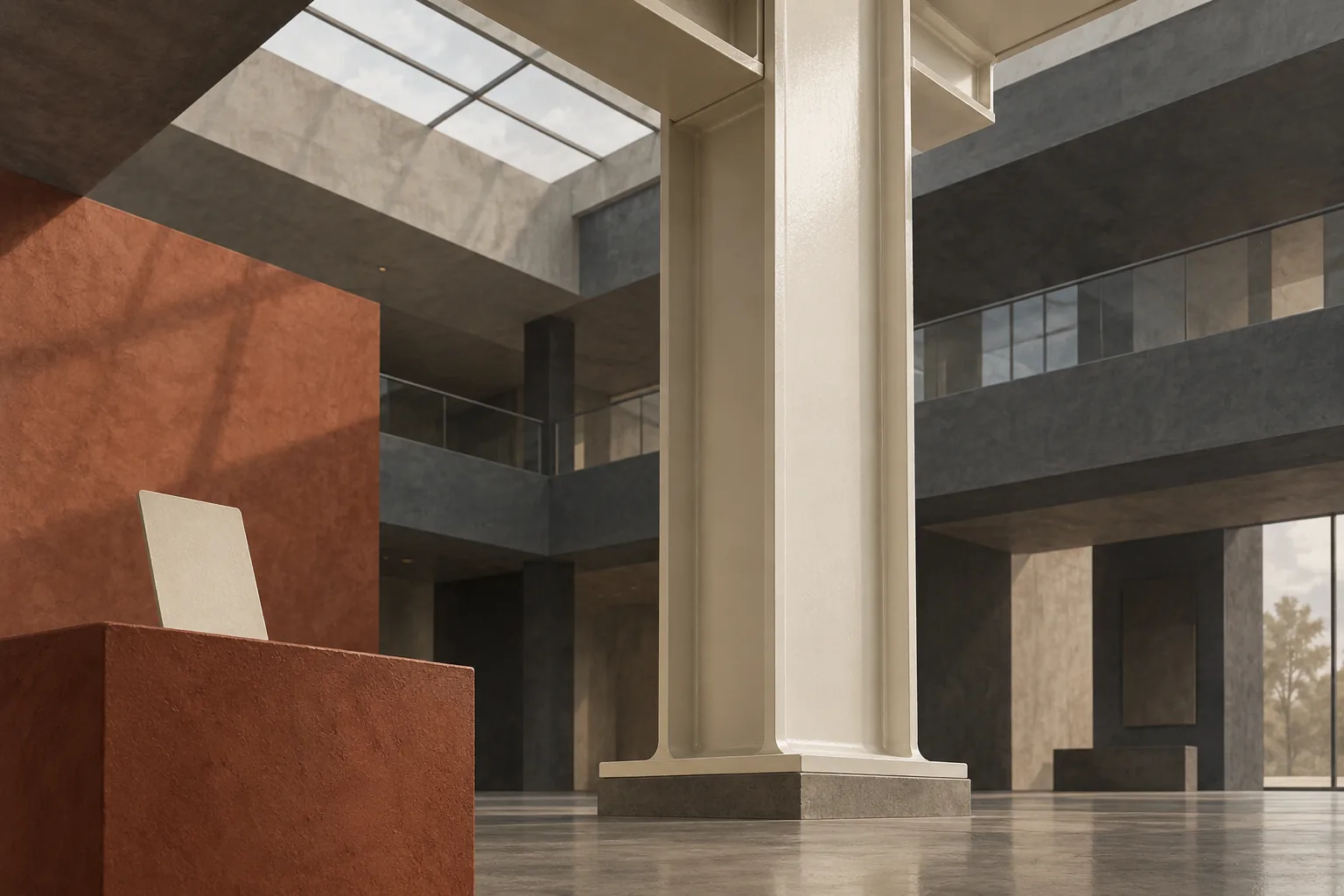 Conceptual illustration of an ivory-coated steel column in a commercial atrium beside a separate colour sample on a terracotta plinth