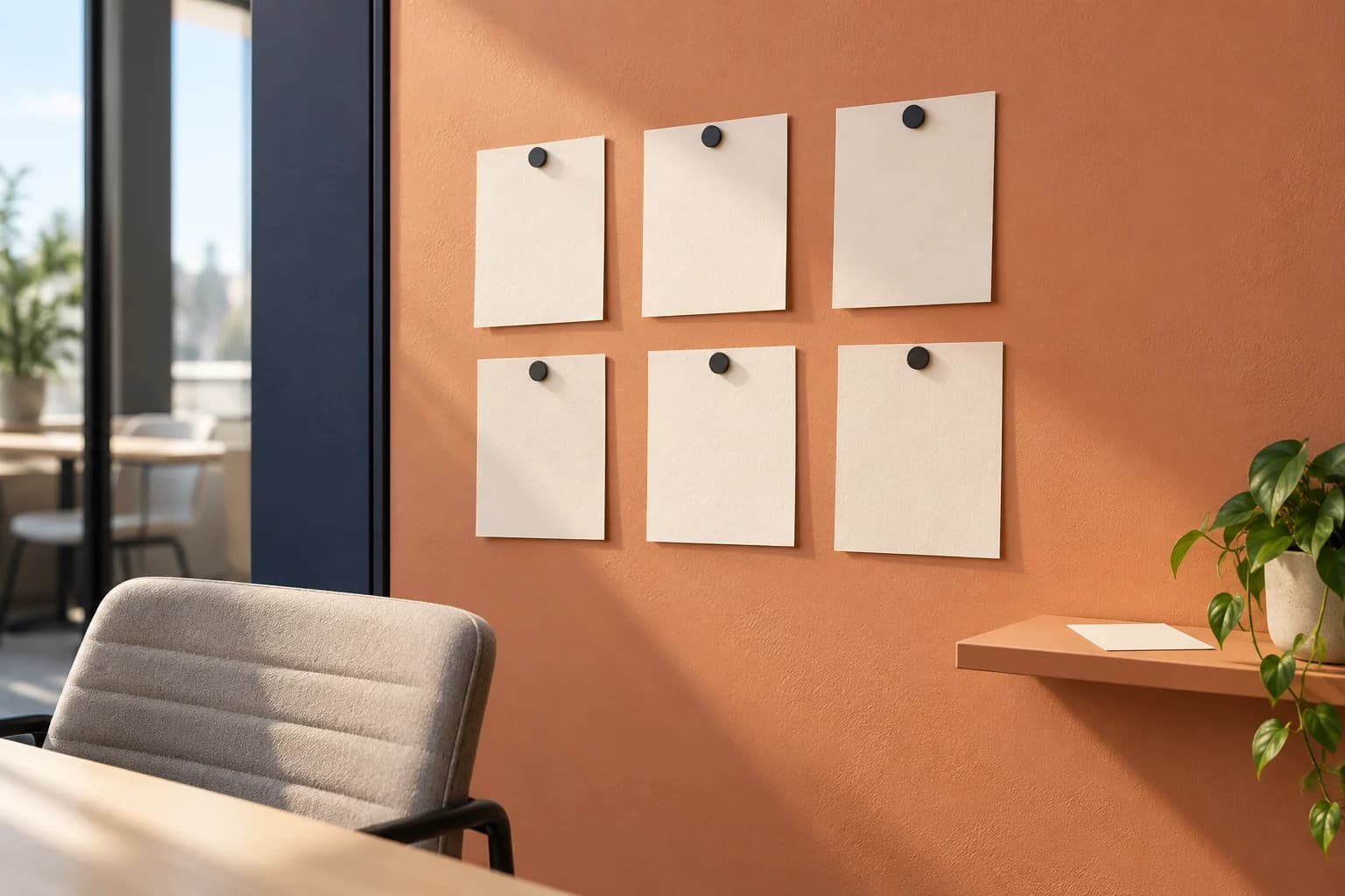 Conceptual illustration of six lightweight blank cards held by round magnets on an apricot office wall beside a chair and slim shelf