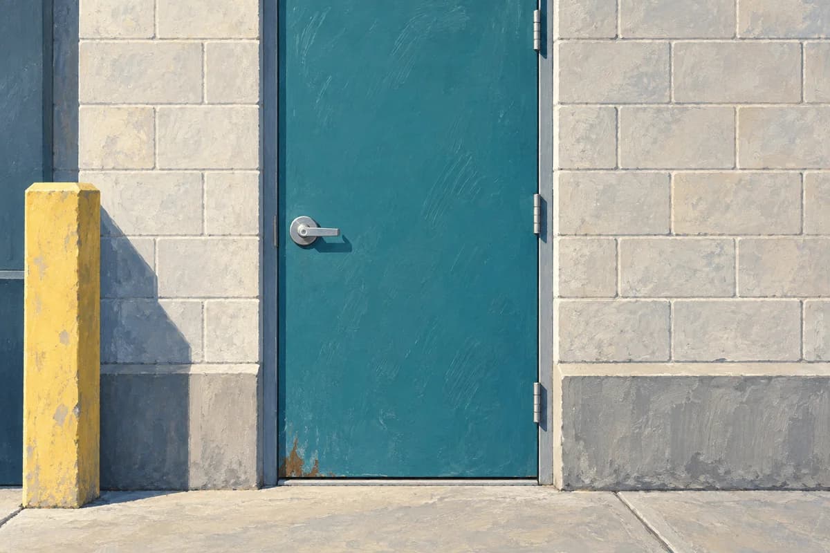 Illustrated teal commercial metal door with silver hardware and a weathered lower corner