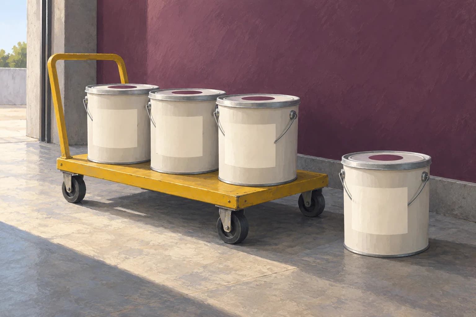 Conceptual illustration of three closed paint pails on a yellow delivery trolley and a separate fourth pail beside a plum commercial wall