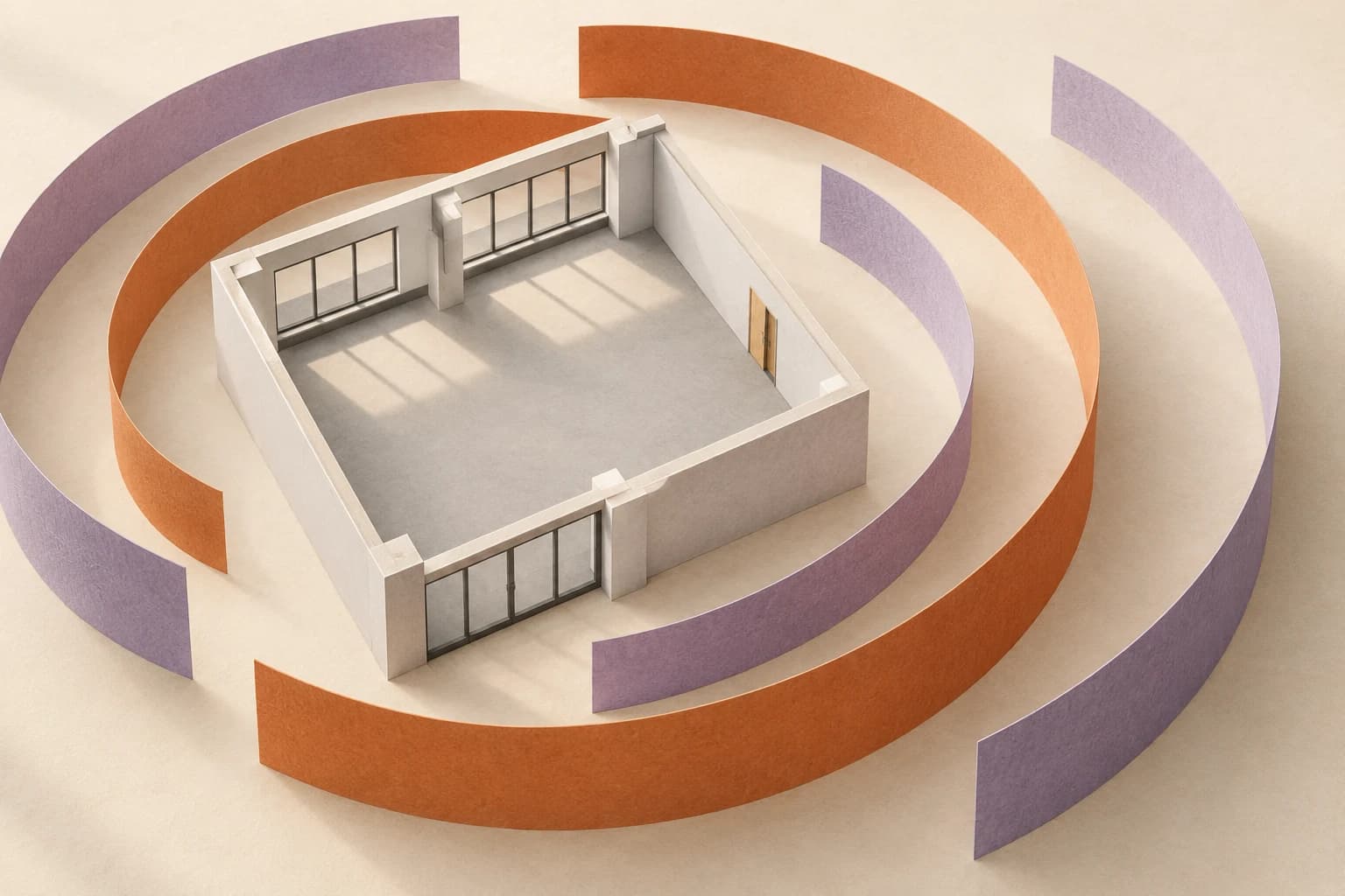 Conceptual illustration of an unpainted architectural room model encircled by separate curved colour ribbons on a cream background