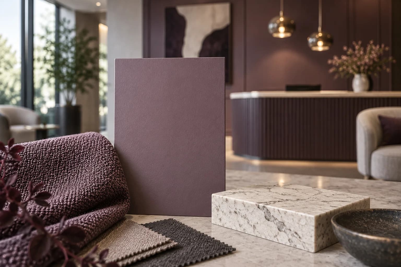 Conceptual illustration of a mauve paint sample and upholstered fabric beside a reception counter under window light and a pendant lamp