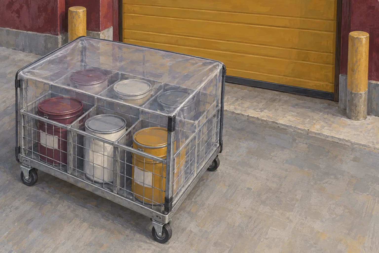 Conceptual illustration of a covered wheeled transfer cage containing separate closed paint containers at a commercial loading threshold