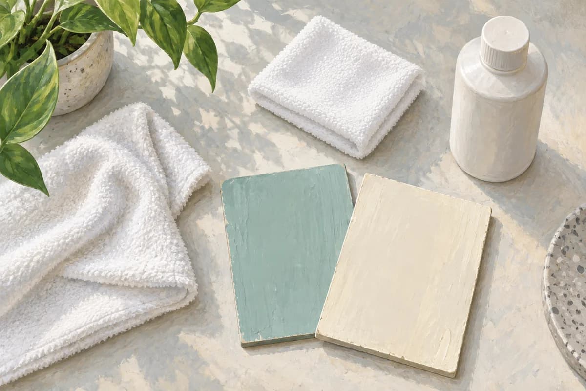 Gouache illustration of soft white cleaning cloths beside pale painted sample boards and a plain bottle