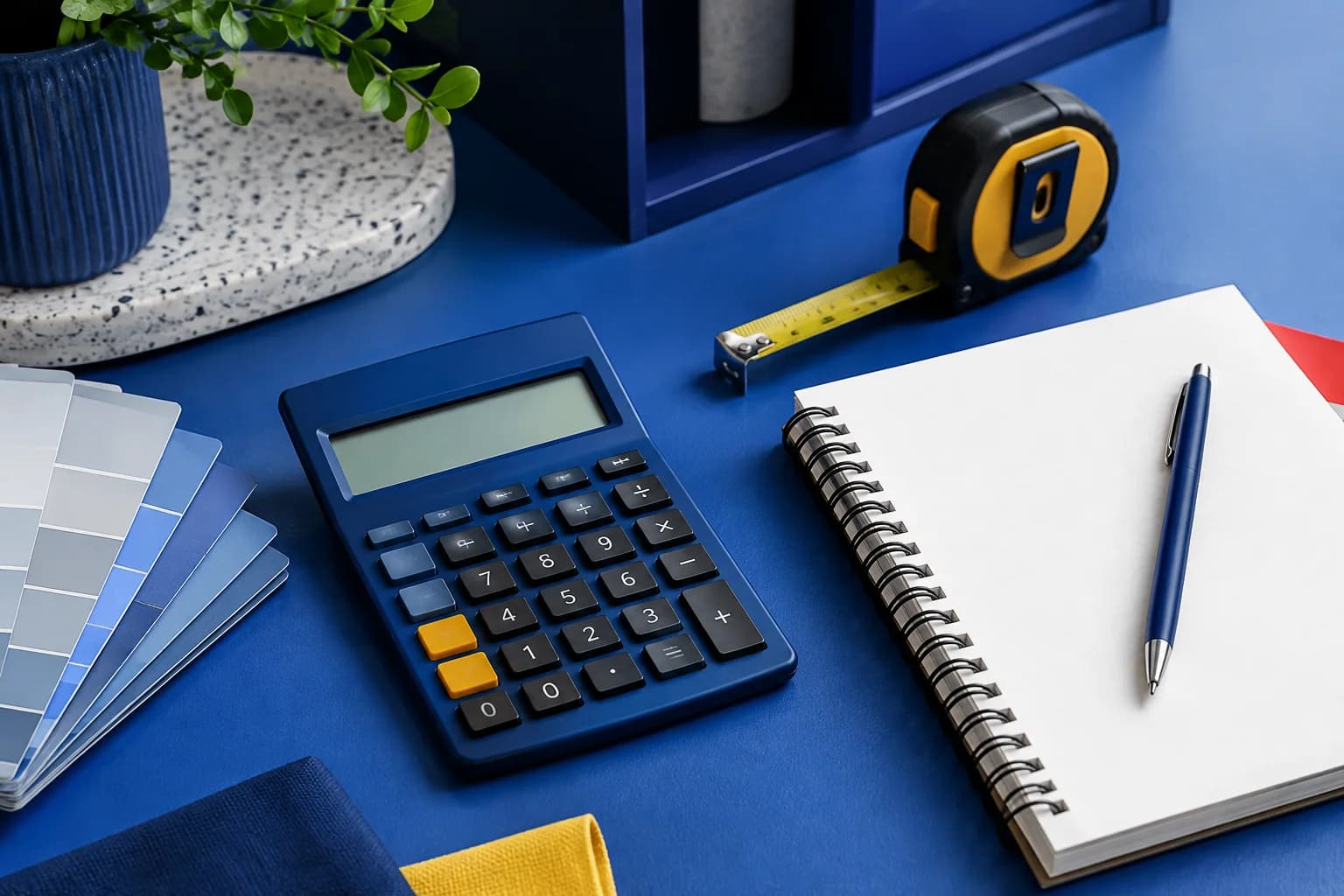 Calculator, colour samples and blank notebook for repaint budget planning