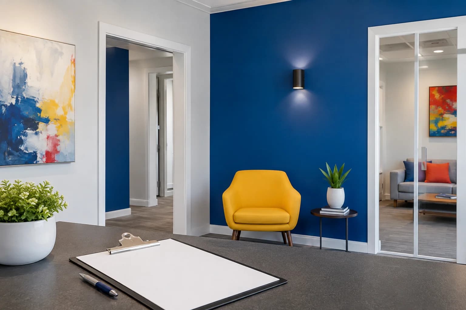 Reception area with blue wall and a blank inspection clipboard