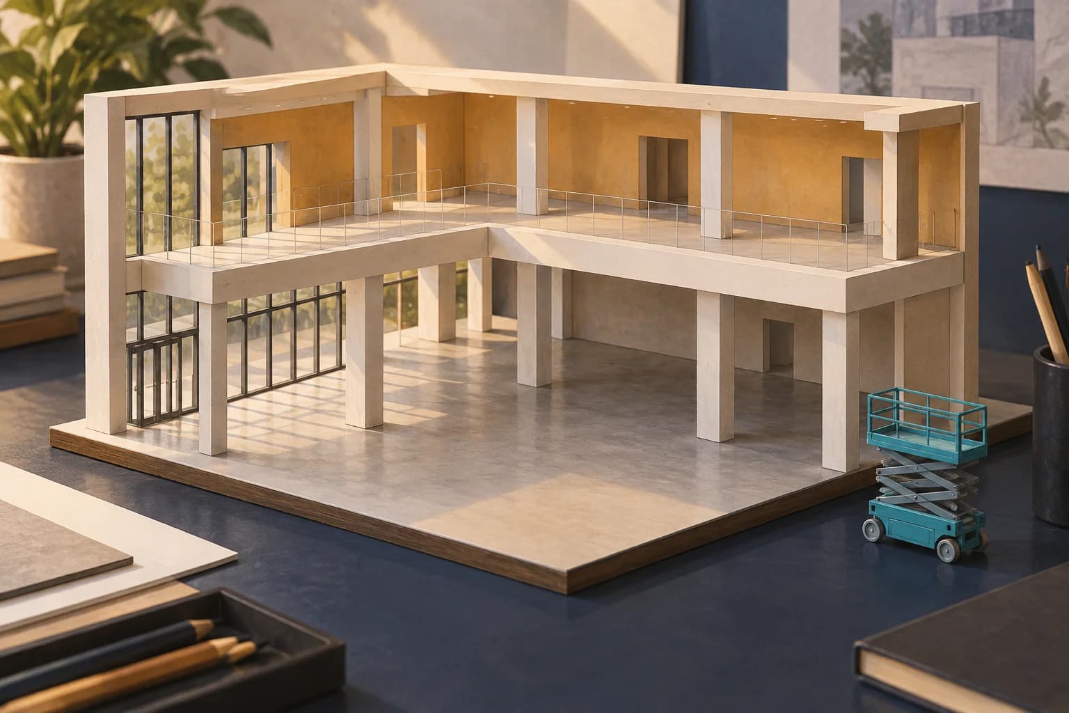 Conceptual illustration of a two-level commercial building model beside a separate miniature teal scissor lift on a navy desk