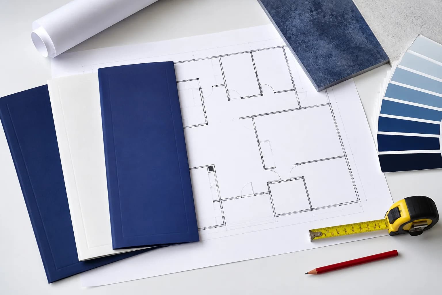 Architectural plan, quote folders and paint samples arranged on a worktable