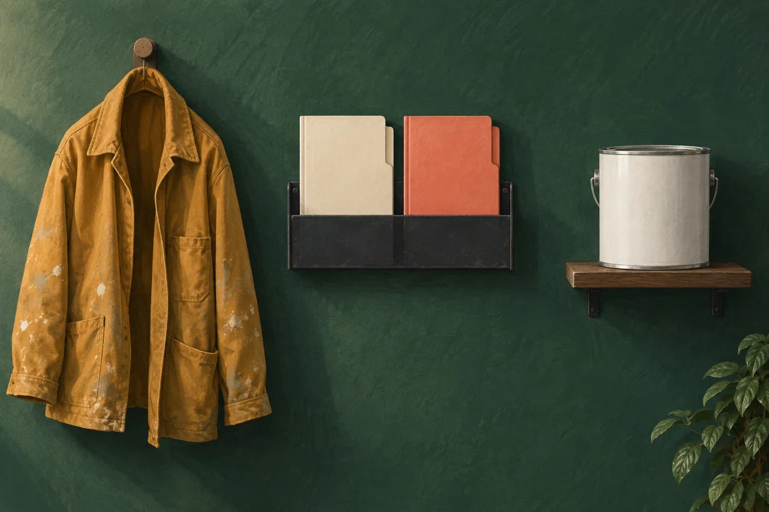 Conceptual illustration of an empty work jacket, separate closed folders and an isolated sealed coating tin on a maintenance-room wall