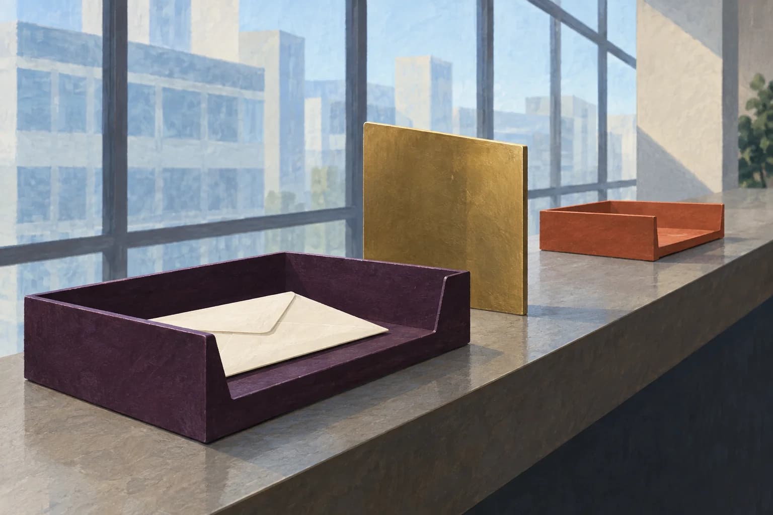 Conceptual illustration of separated administrative trays with a plain envelope and divider beside an office window