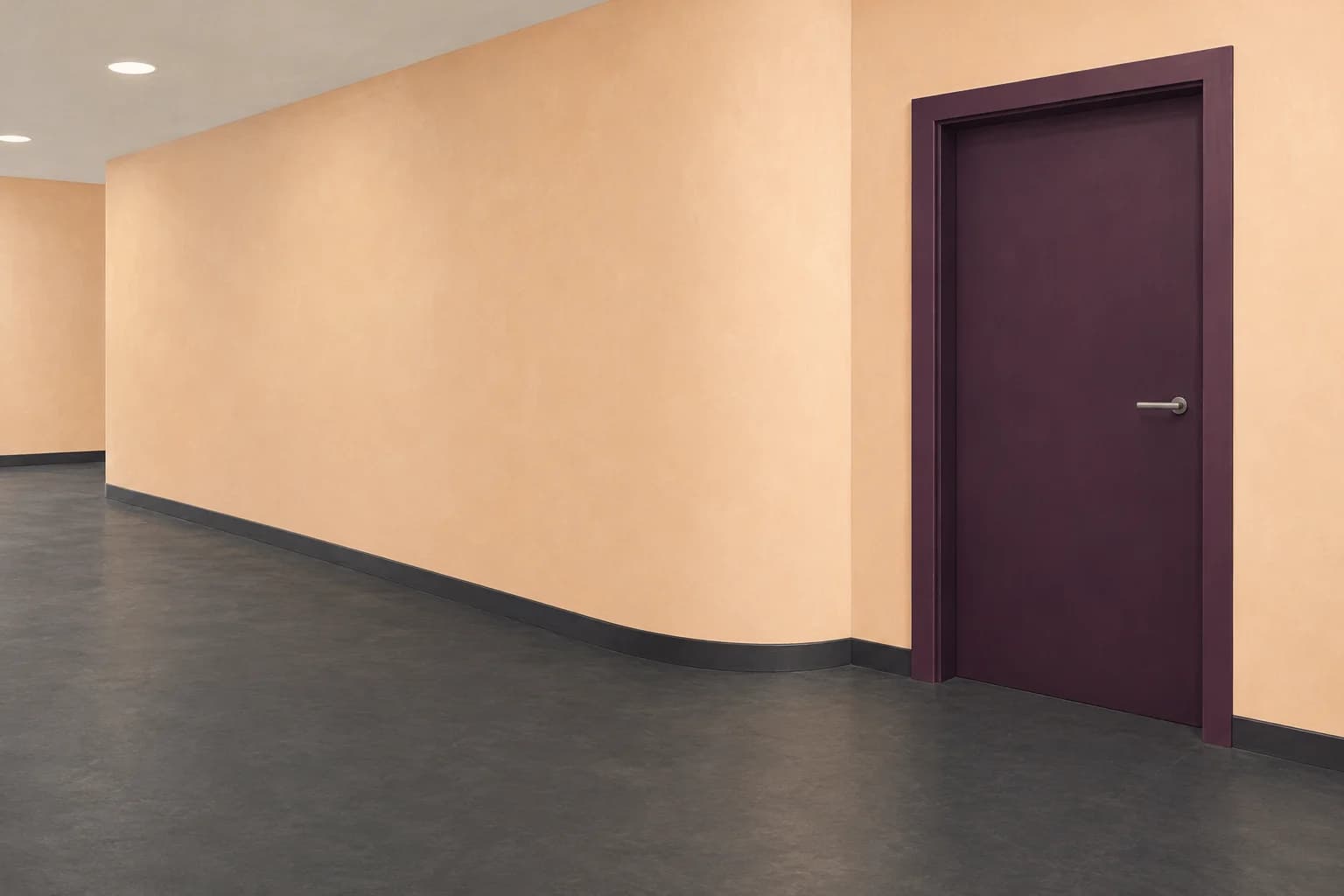 Conceptual illustration of a dark aubergine doorway within a pale apricot commercial corridor viewed across a broad corner
