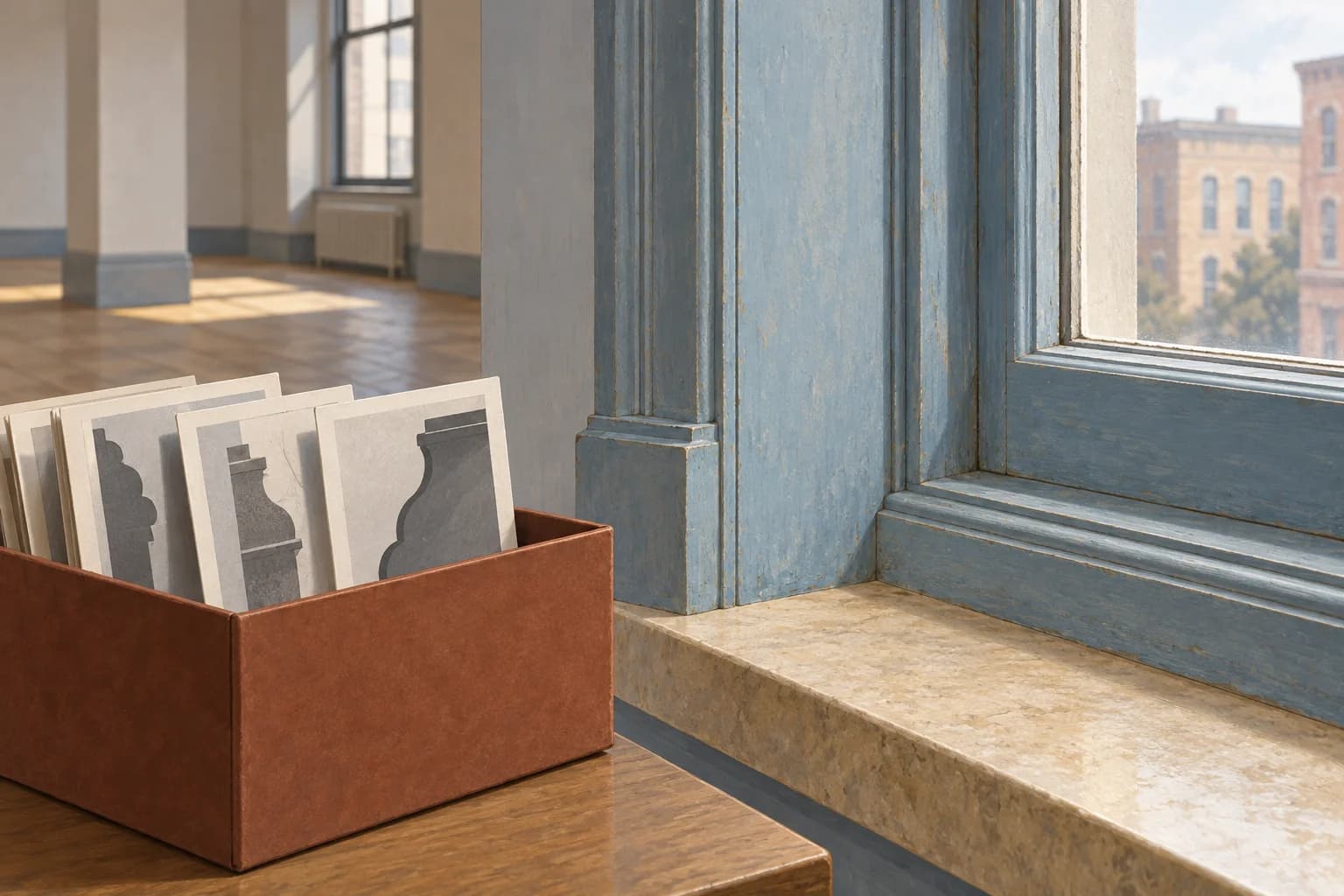 Conceptual illustration of an aged painted timber window surround beside an open archival box of unlettered trim-profile records