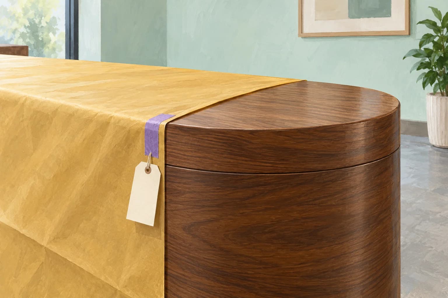 Conceptual illustration of protective paper ending at a walnut reception counter with a short violet masking strip and an unmarked handover tag