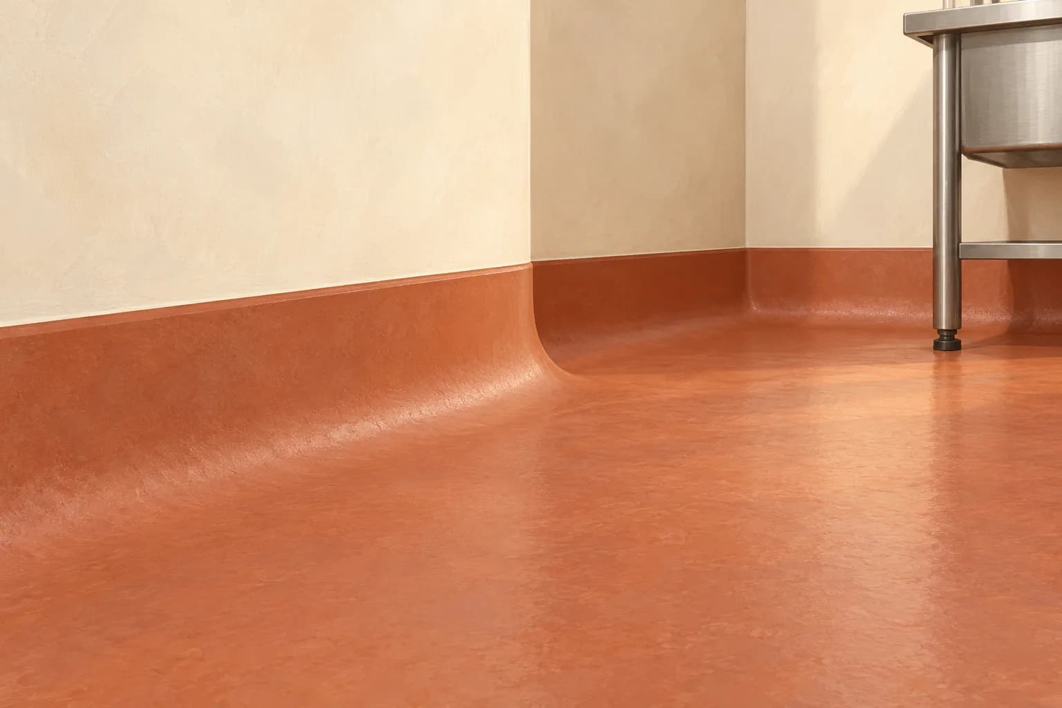 Conceptual illustration of a terracotta resin floor curving into a wall cove with a straight upper edge beside a stainless utility sink